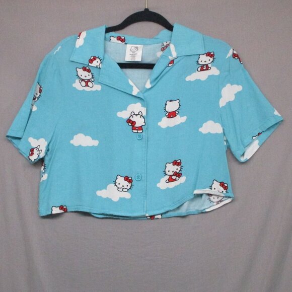 Hello Kitty Button Down Crop T-Shirt Blue Women Size \ S - Picture 1 of 9